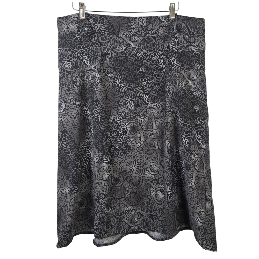 CJ Banks Womens 18W Black Gray Damask Print Stretch A-Line Midi Skirt Plus Size